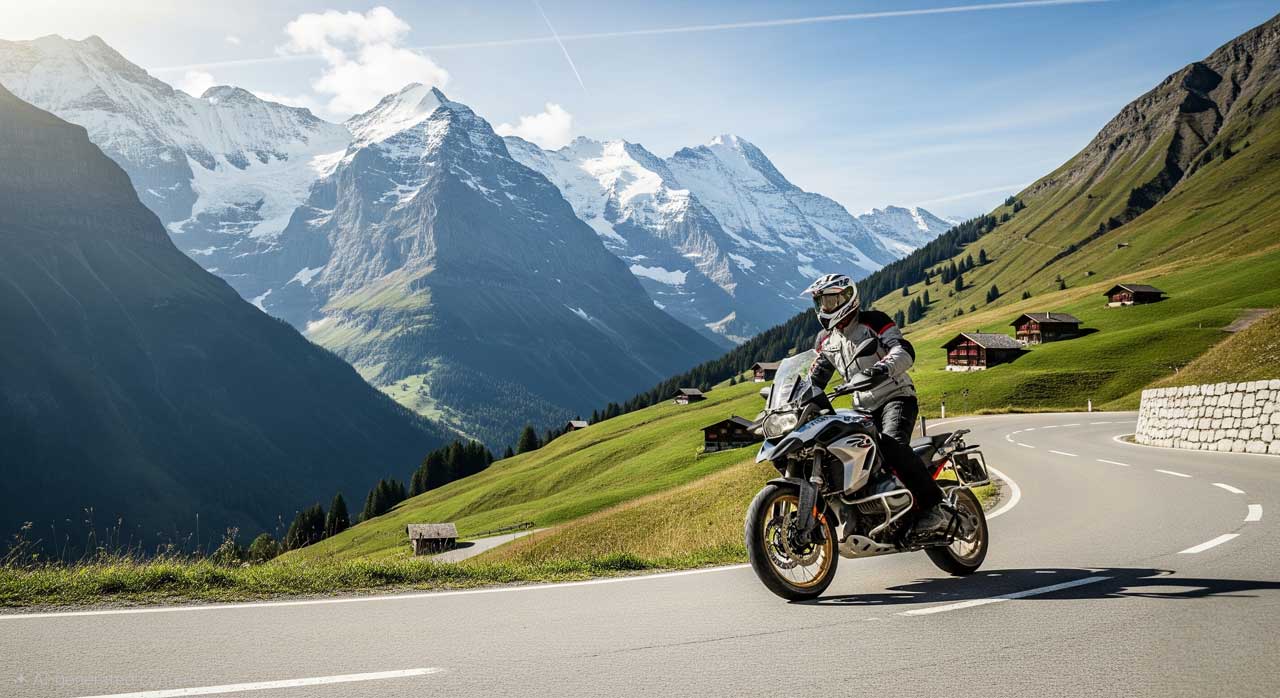 Motorcyclist riding a mountain pass